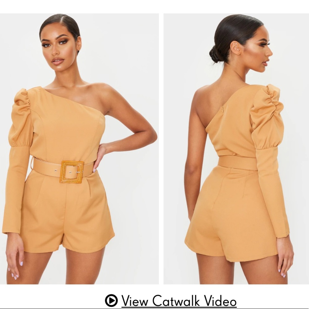 Camel puff sleeve one shoulder romper